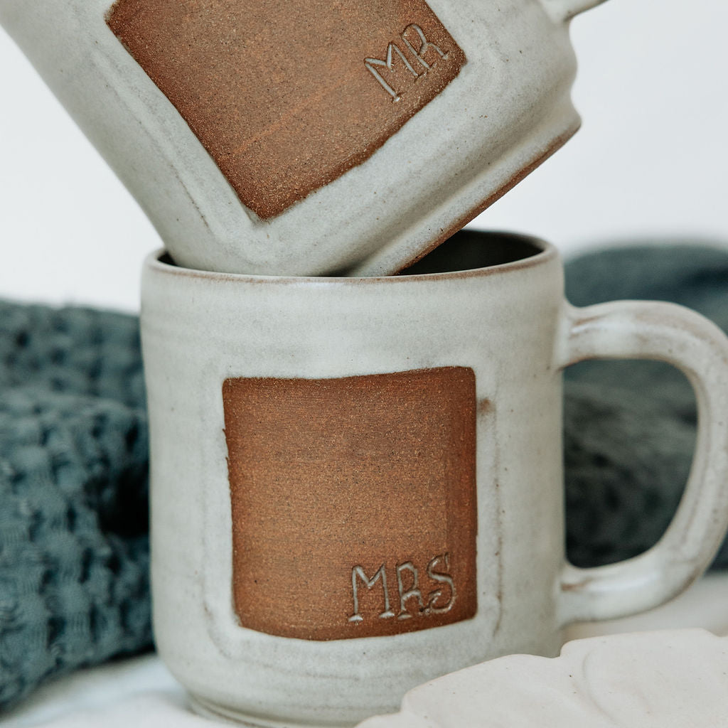 Mug - Cream and Rust Carved Mr. and Mrs.