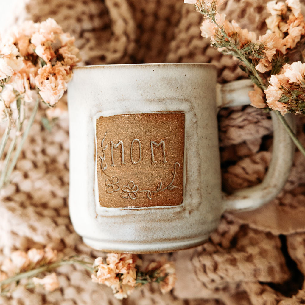 Mugs - Cream and Rust Carved Mug for Mom