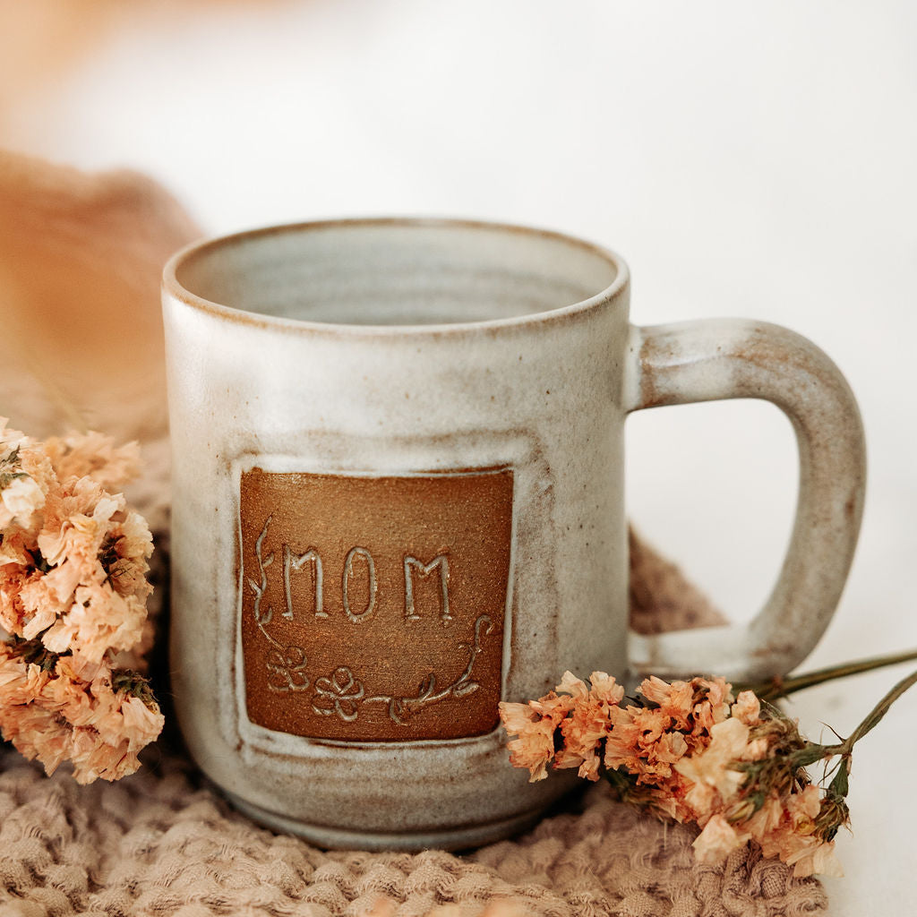 Mugs - Cream and Rust Carved Mug for Mom