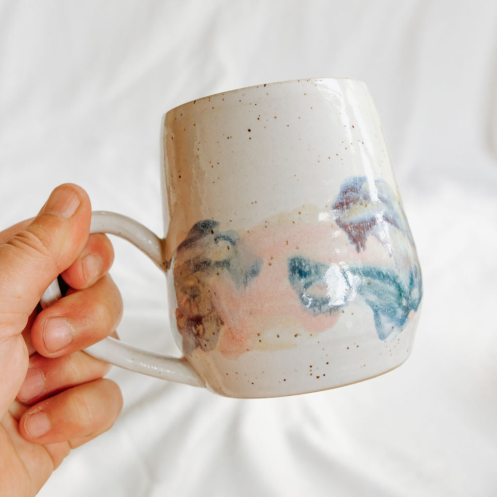Organic Handmade Pottery Coffee Mug with Mixed Colourful Glaze, Spring Morning