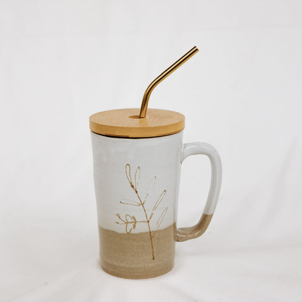 Lidded Pottery Mug-Floral Style (Mug Only, Lid and Straw not Included)