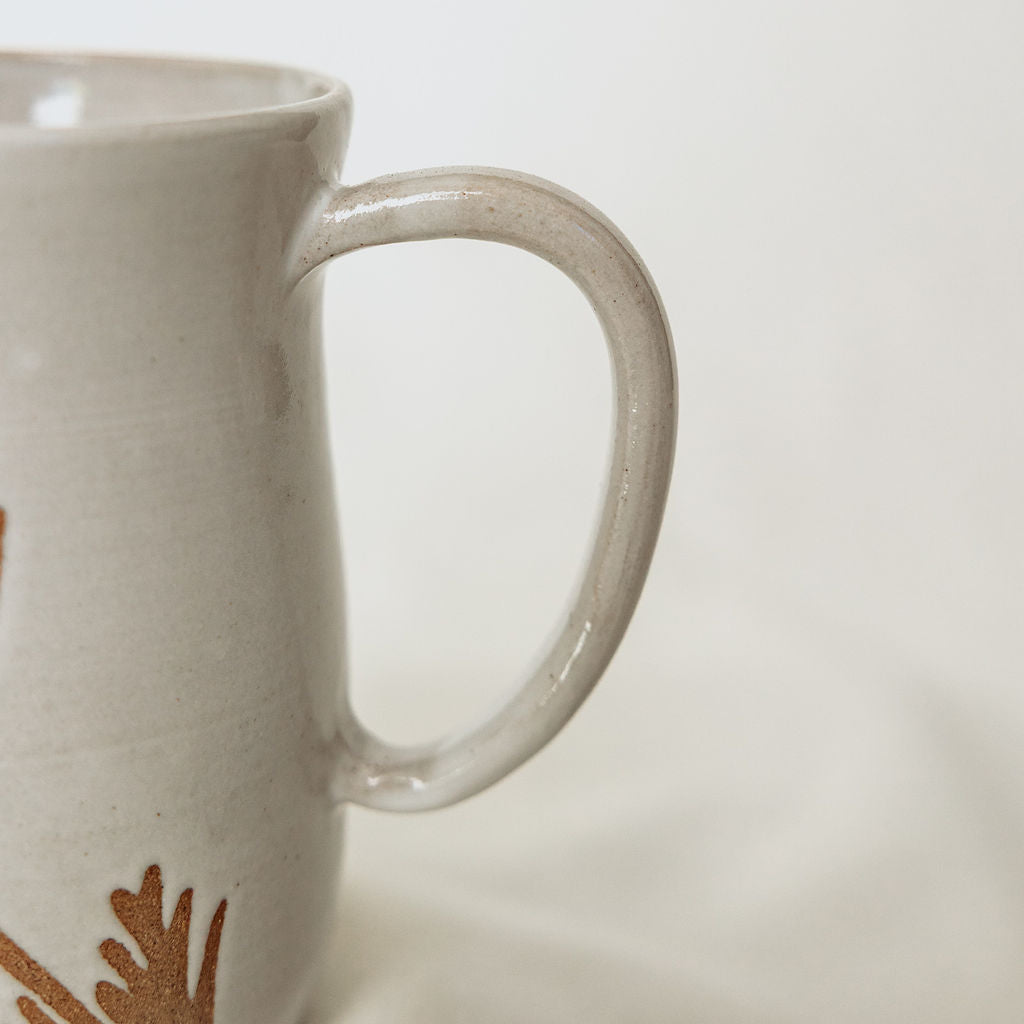 Handmade White Floral Pottery Mug (10 oz) - Made in Canada - Wheel Thrown Stoneware Mug