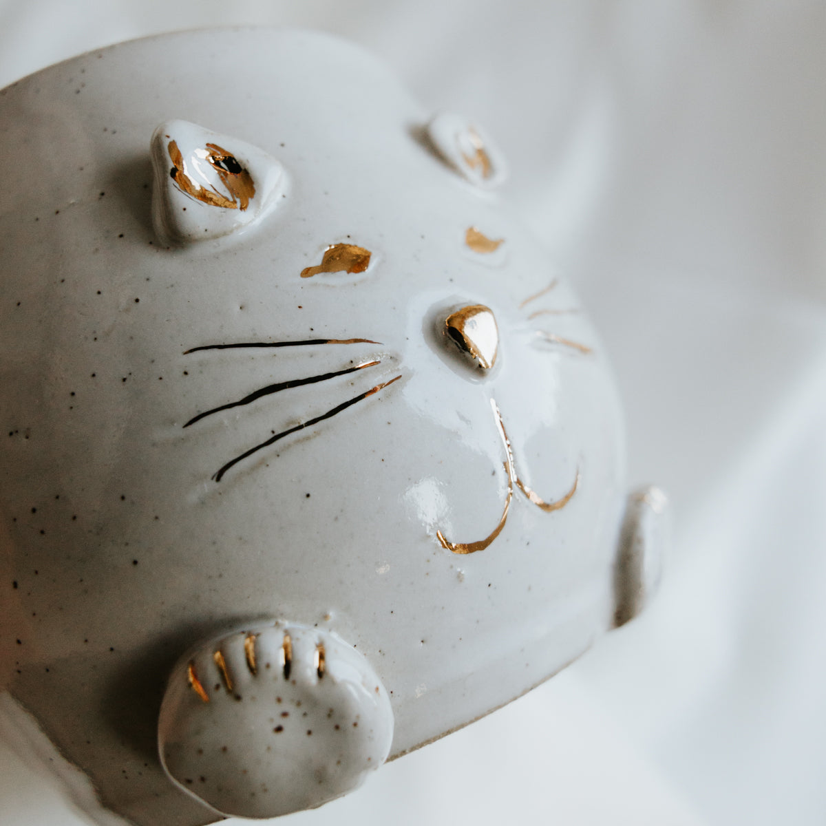 White Meow Cat Pottery Mug with Cochlear Implant