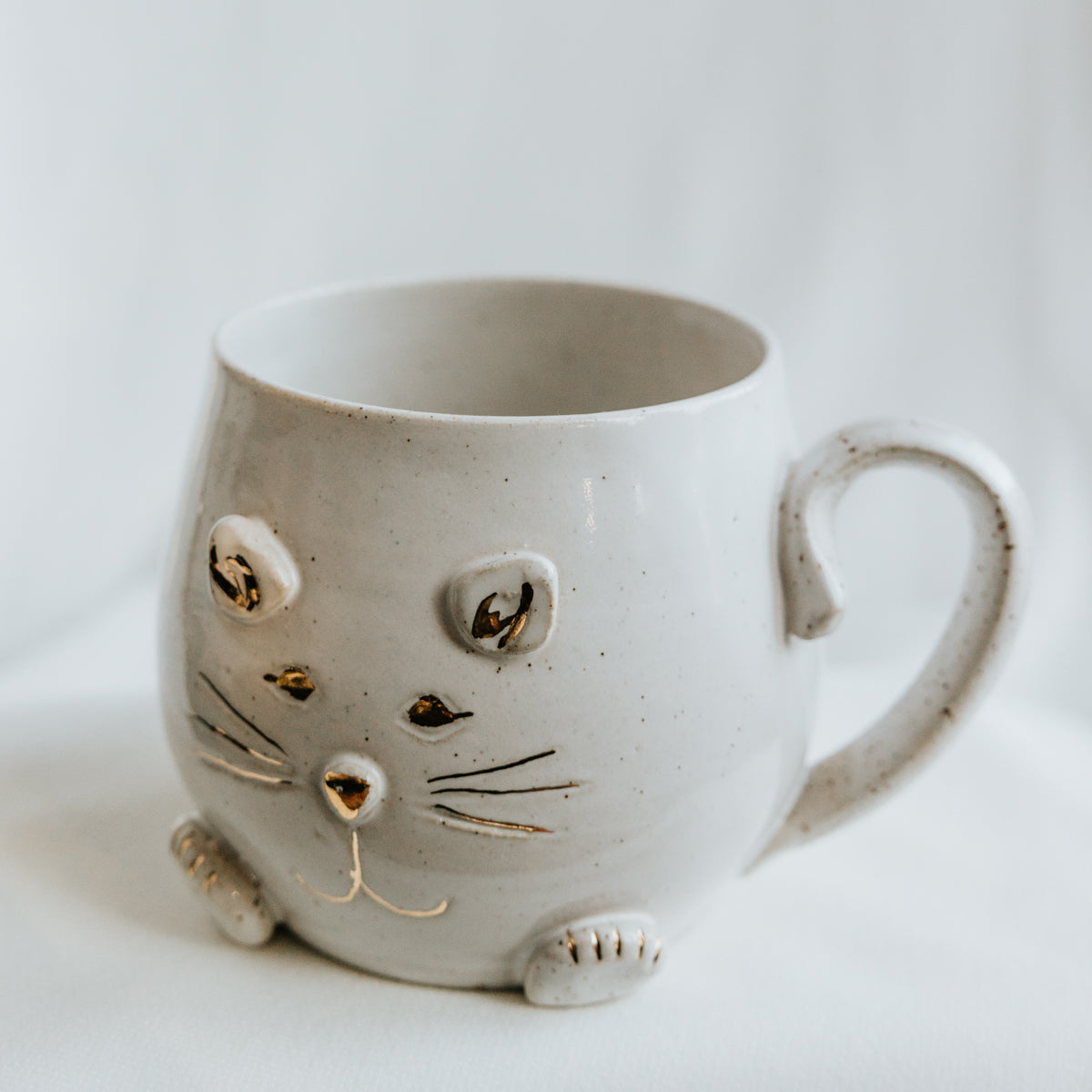 White Meow Cat Pottery Mug with Cochlear Implant