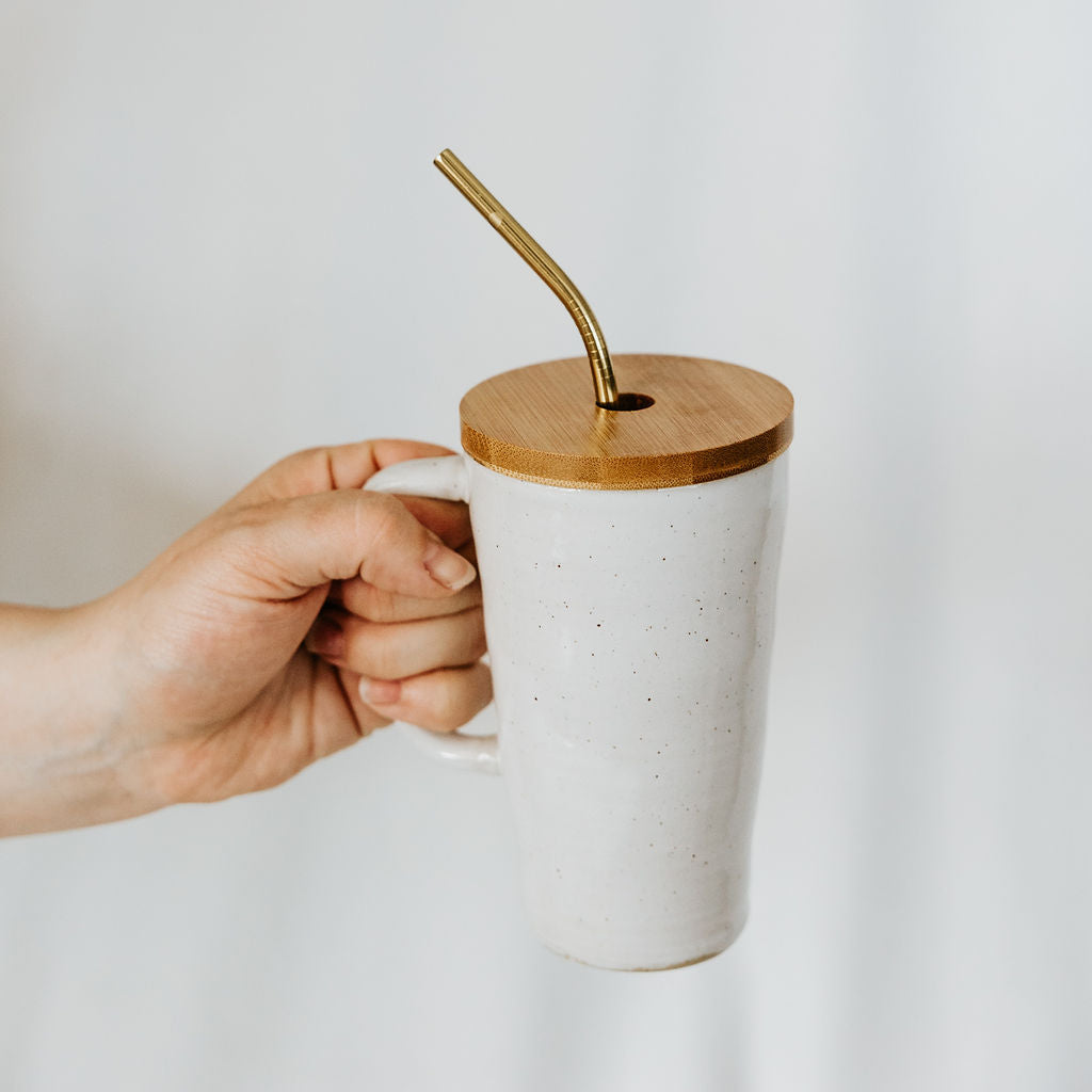 Lidded Pottery Mug in the Basic White Styles (Mug Only, Lid and Straw not Included)