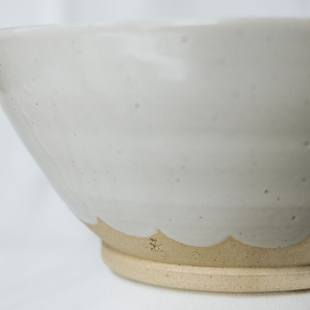Handmade White Glossy Pottery Serving Bowl with Scalloped Detail | Large Ceramic Serving Bowl | Minimalist Farmhouse Pottery from Canada