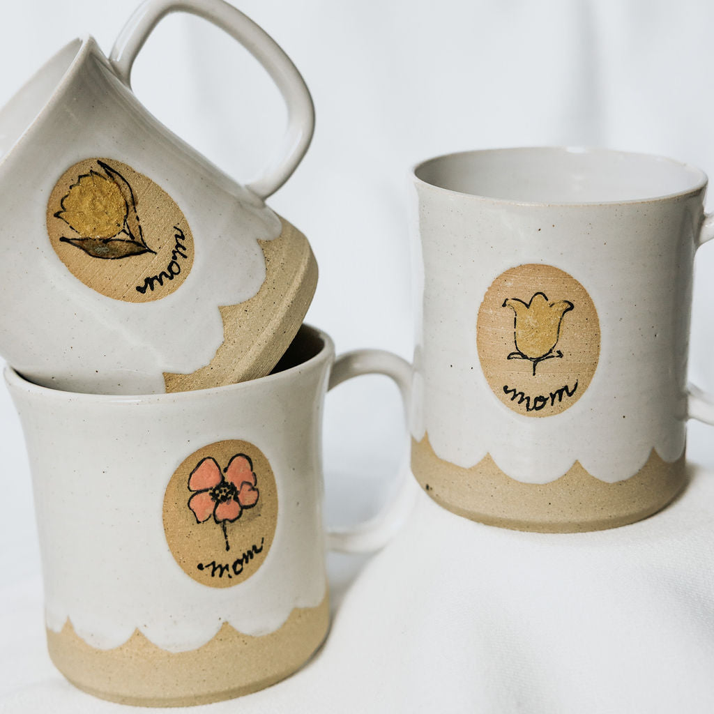 Handmade White Glossy Pottery Mug with Scalloped Detail & Floral Motif | Rustic Ceramic Coffee Cup for Mom | Handmade Mug from Manitoba, Canada