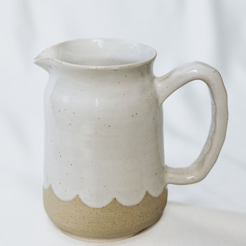 Medium Size Handmade Pottery Pitchers for Cream or Syrup in Glossy White with Scallops
