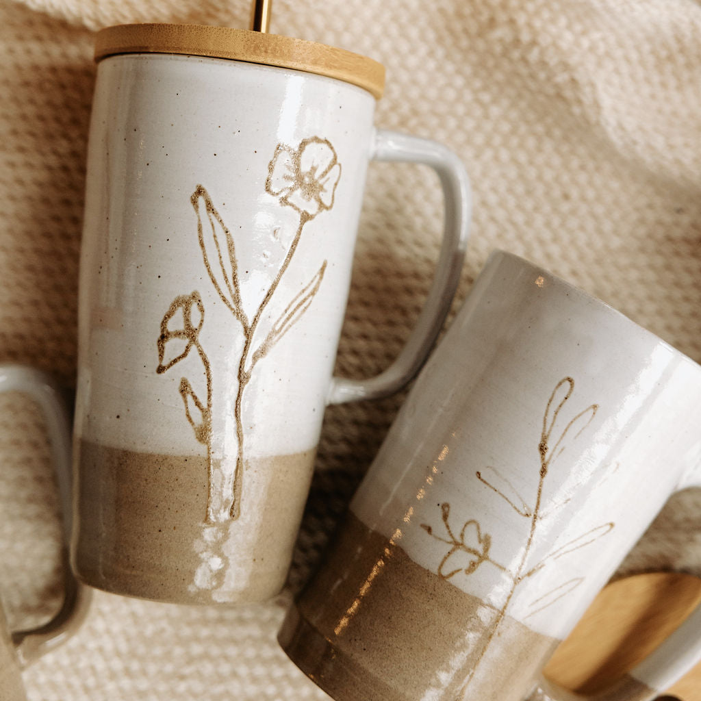 Lidded Pottery Mug in the Floral Styles (Mug Only, Lid and Straw not Included)