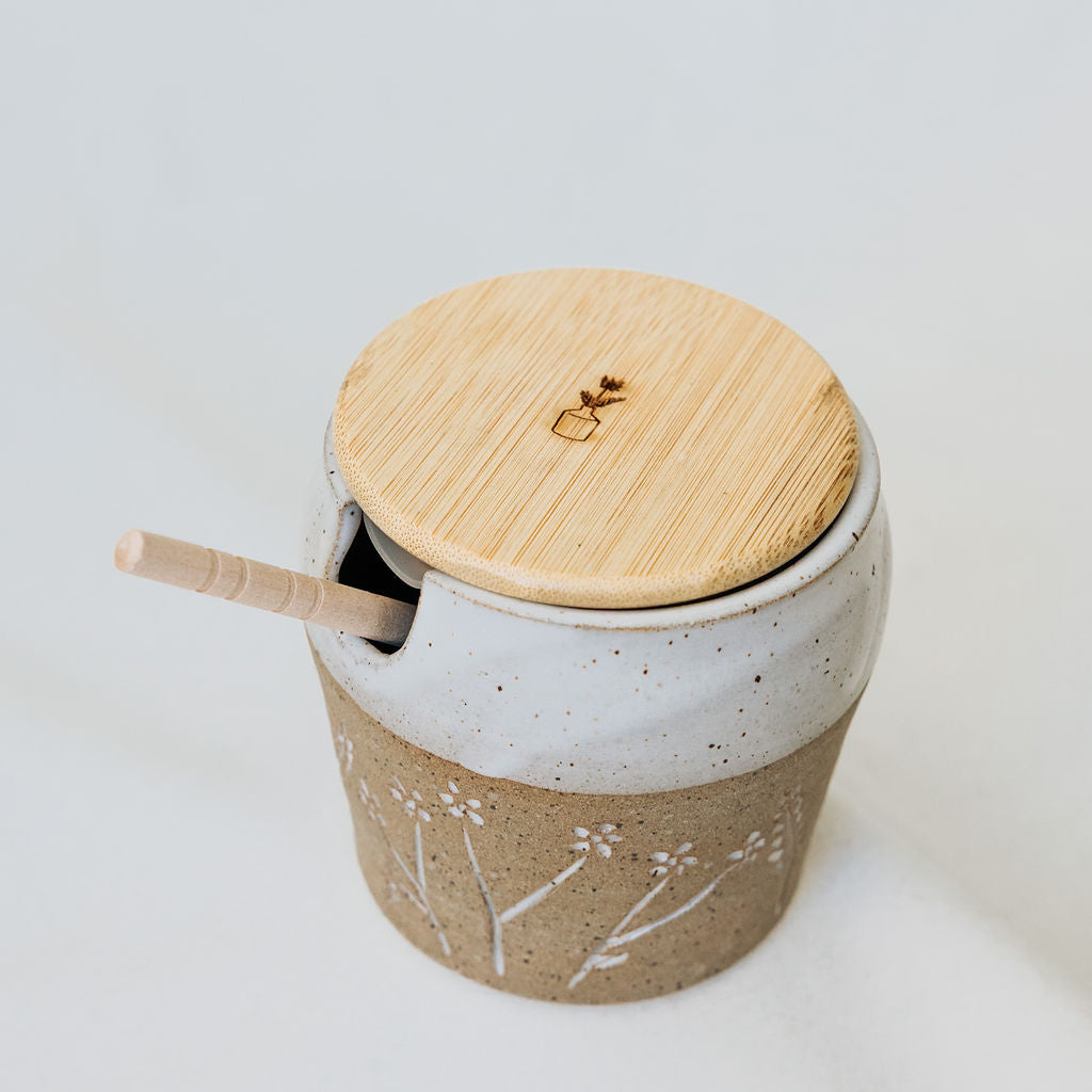 Pottery Honey Pot - Carved Wildflower Collection
