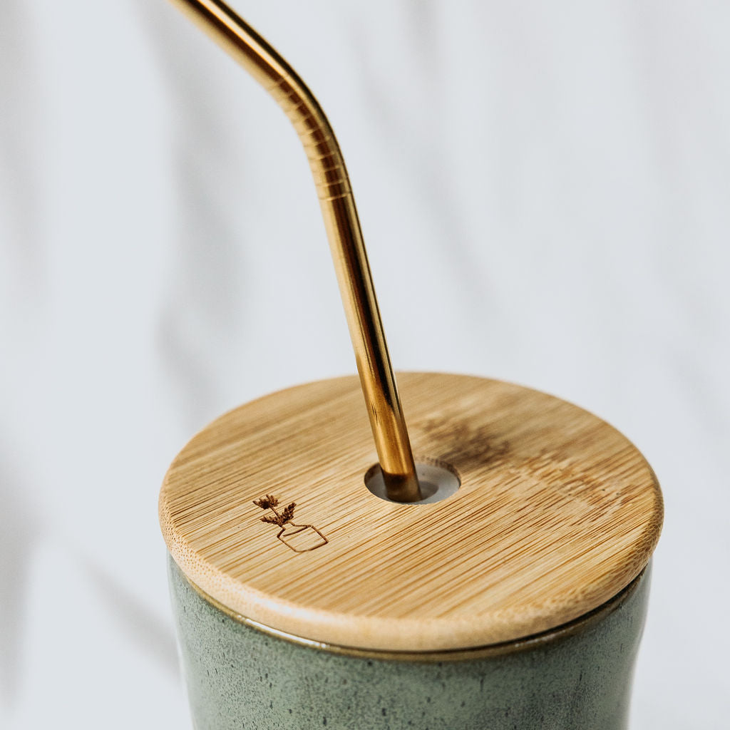 Iced Coffee To Go Cup - Product of Canada - Green Carved Pottery Mug Design Lidded