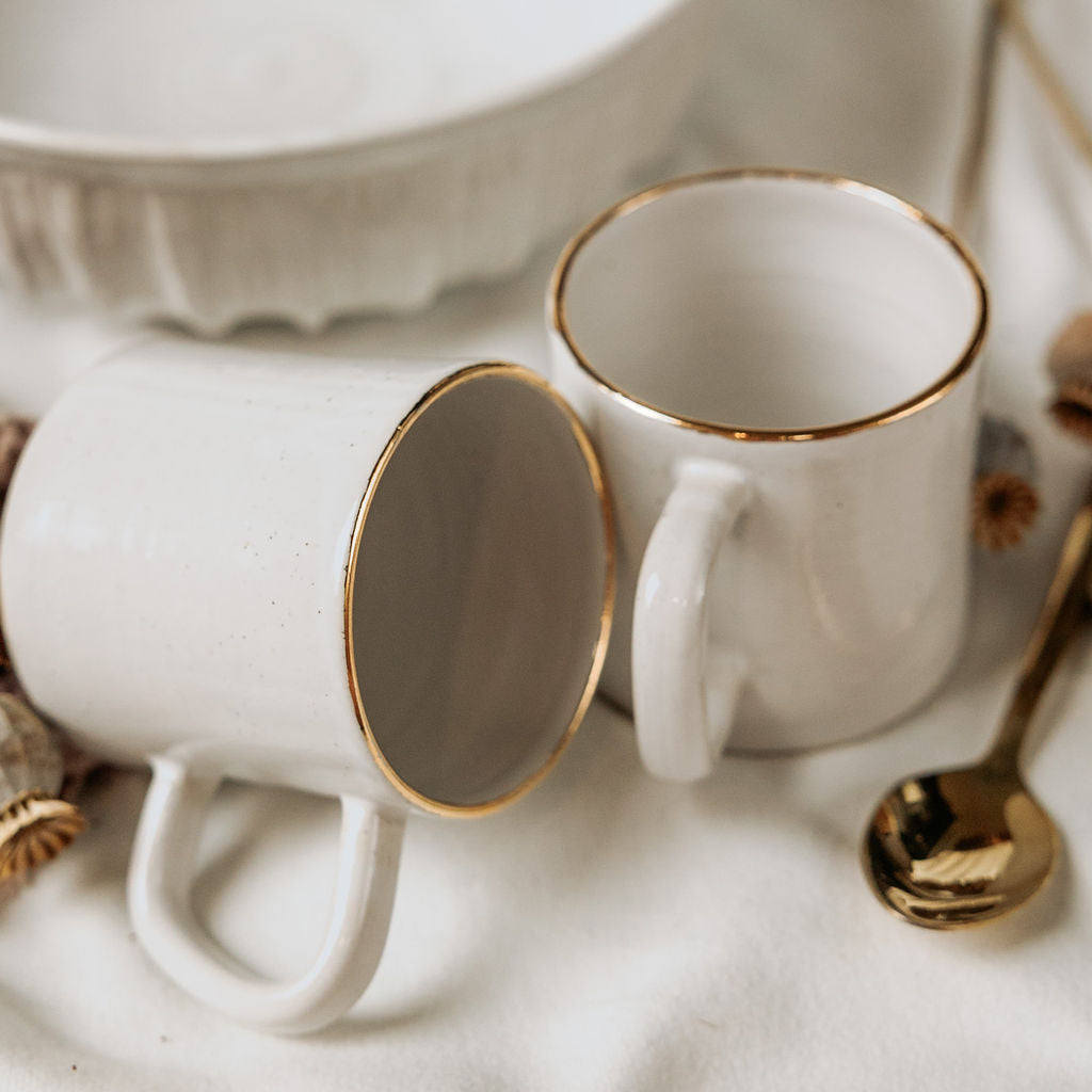 White and Gold Tea Cup, White Ceramic Cup, White Tea Mug, White Mug with Gold Rim