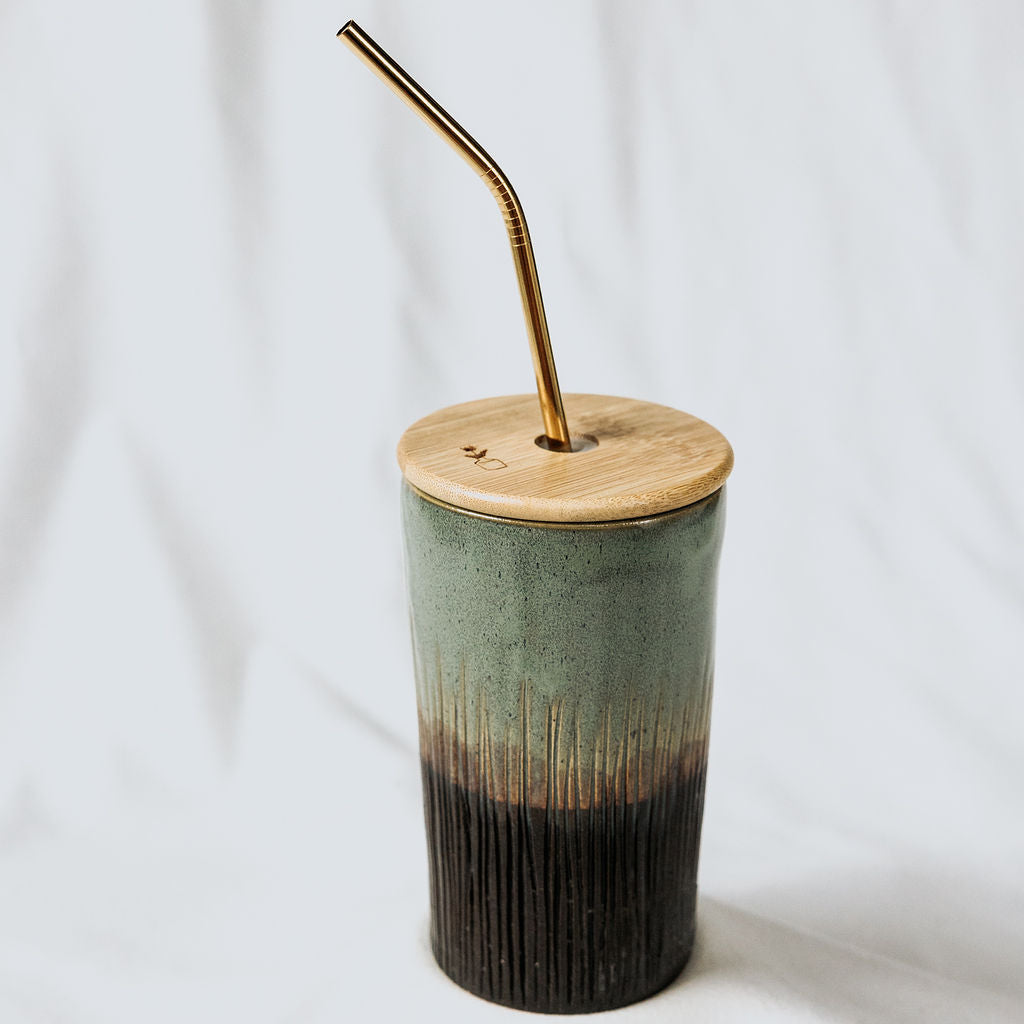 Iced Coffee To Go Cup - Product of Canada - Green Carved Pottery Mug Design Lidded