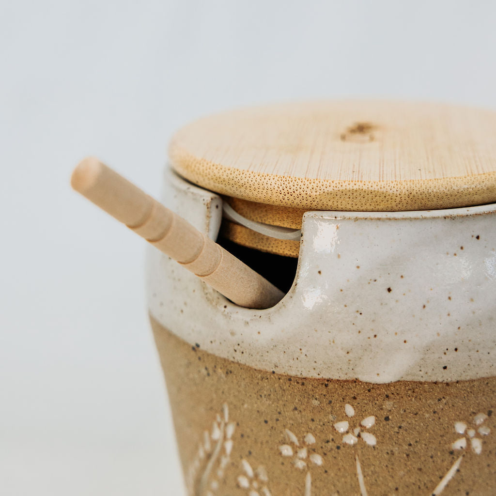 Pottery Honey Pot - Carved Wildflower Collection
