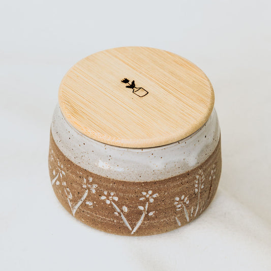 Pottery Sugar Dish - Ceramic Trinket Bowl - Carved Wildflower Dish with Lid in Glossy White