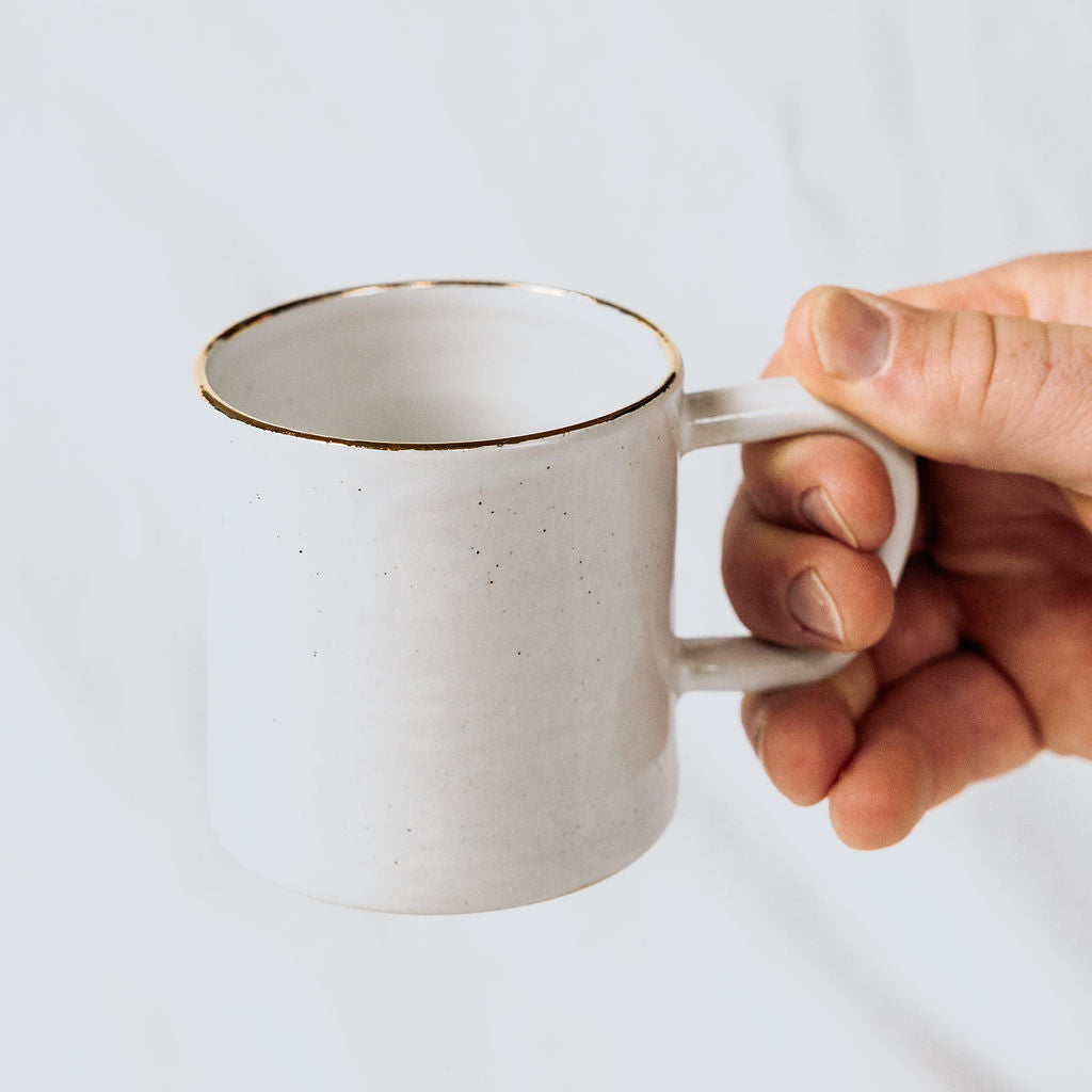 White and Gold Tea Cup, White Ceramic Cup, White Tea Mug, White Mug with Gold Rim