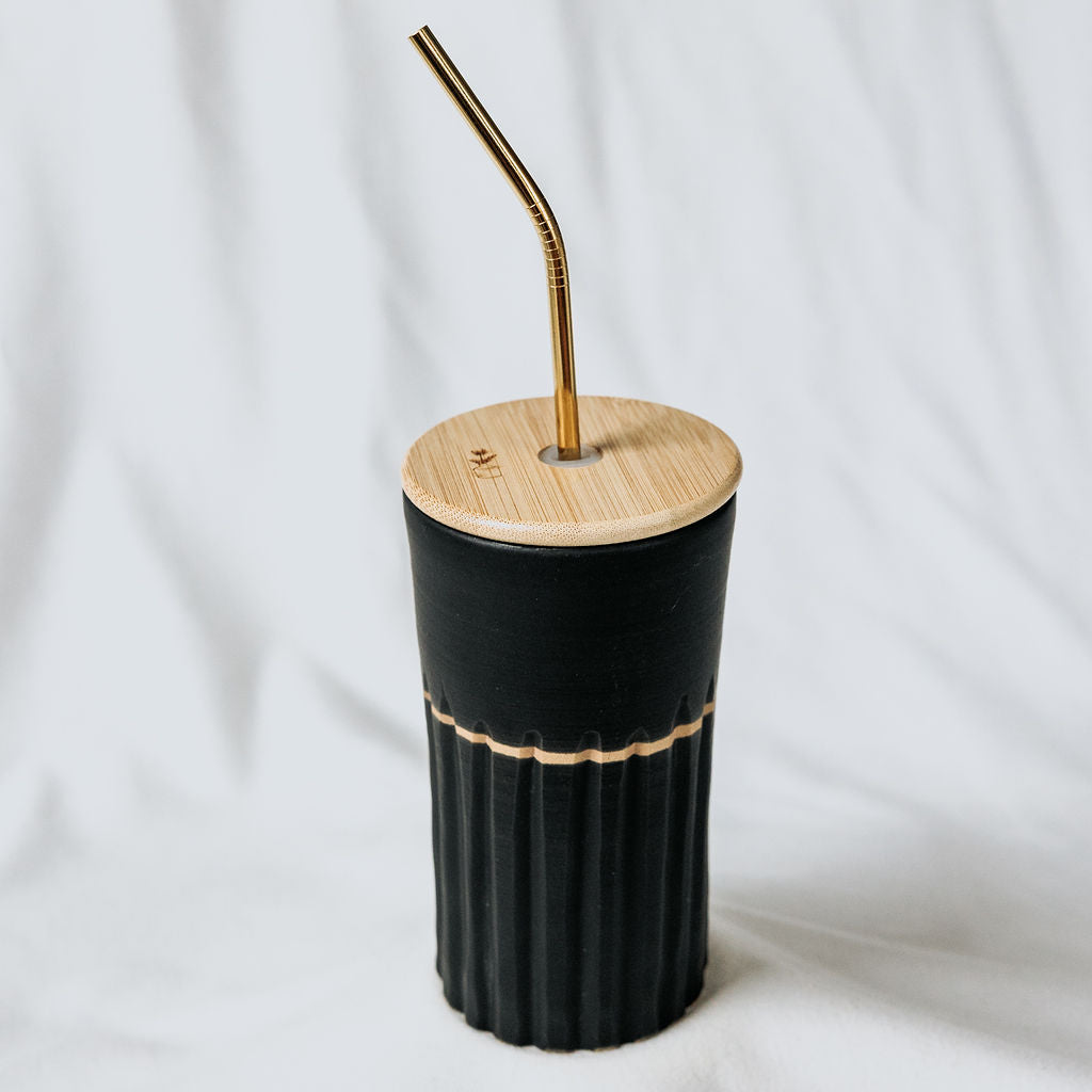 Iced Coffee To Go Cup - Product of Canada - Black Carved Pottery Mug Design Lidded