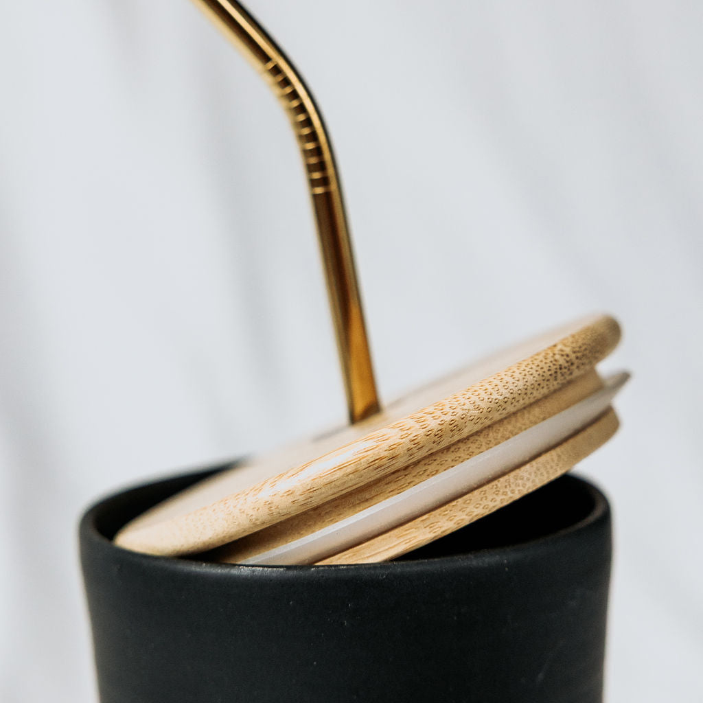 Iced Coffee To Go Cup - Product of Canada - Black Carved Pottery Mug Design Lidded