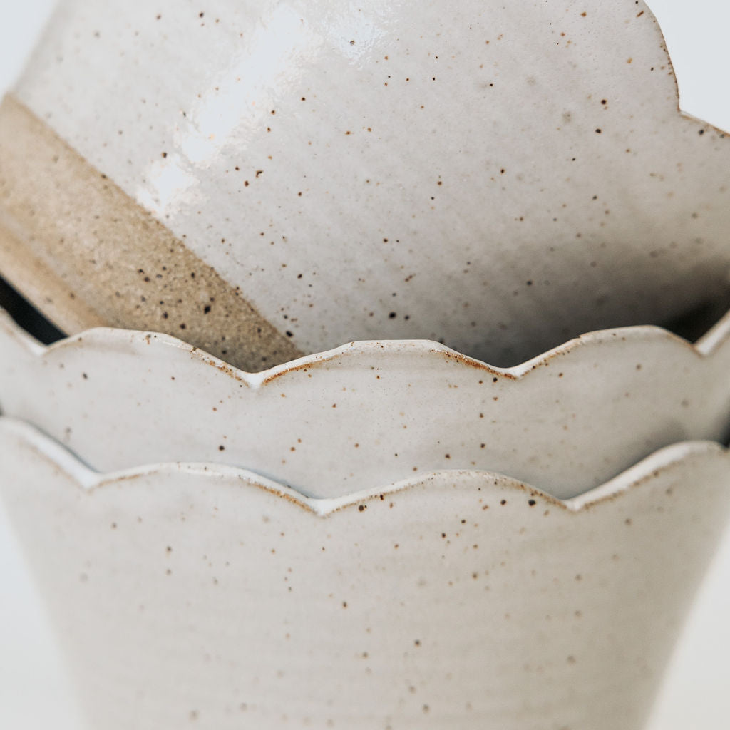 Scalloped Brown and White Pottery Bowl - Soup Bowl - Carved Ceramic Cereal Bowl