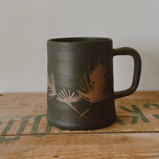 Winter Pine Boughs Mug in Black, Deep Evergreen, and Sand and Sage Glaze