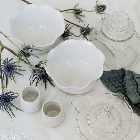 Fluted Rim Glossy White Pottery Bowl - Soup Bowl - Carved Ceramic Cereal Bowl