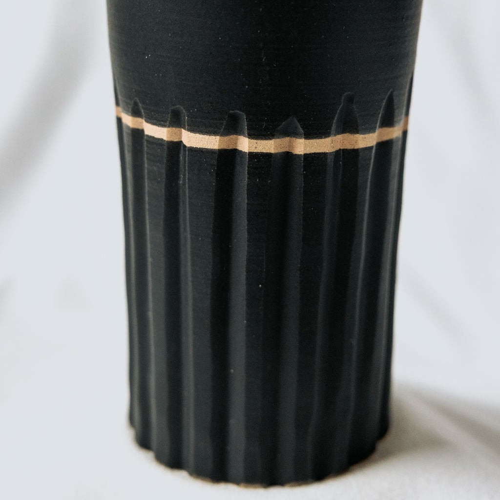 Iced Coffee To Go Cup - Product of Canada - Black Carved Pottery Mug Design Lidded