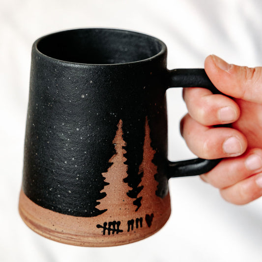 PERSONALIZE IT!!! Black Mug with an Evergreen Tree Design. Add Your Custom Message