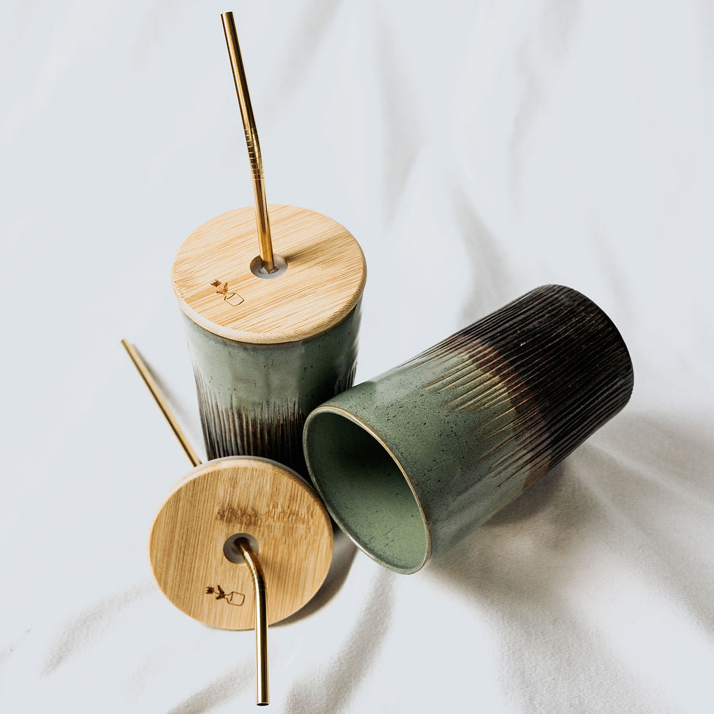 Iced Coffee To Go Cup - Product of Canada - Green Carved Pottery Mug Design Lidded