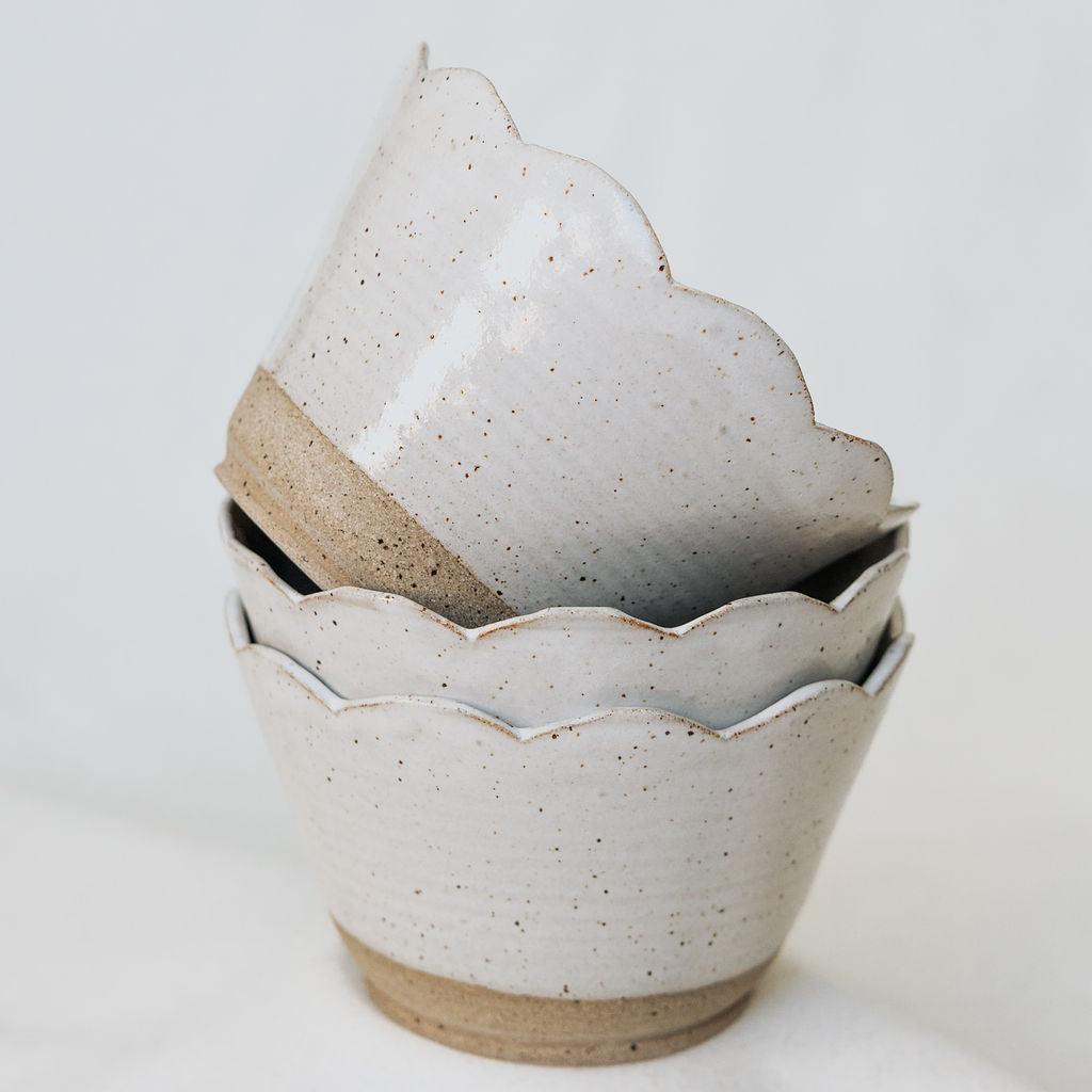 Scalloped Brown and White Pottery Bowl - Soup Bowl - Carved Ceramic Cereal Bowl