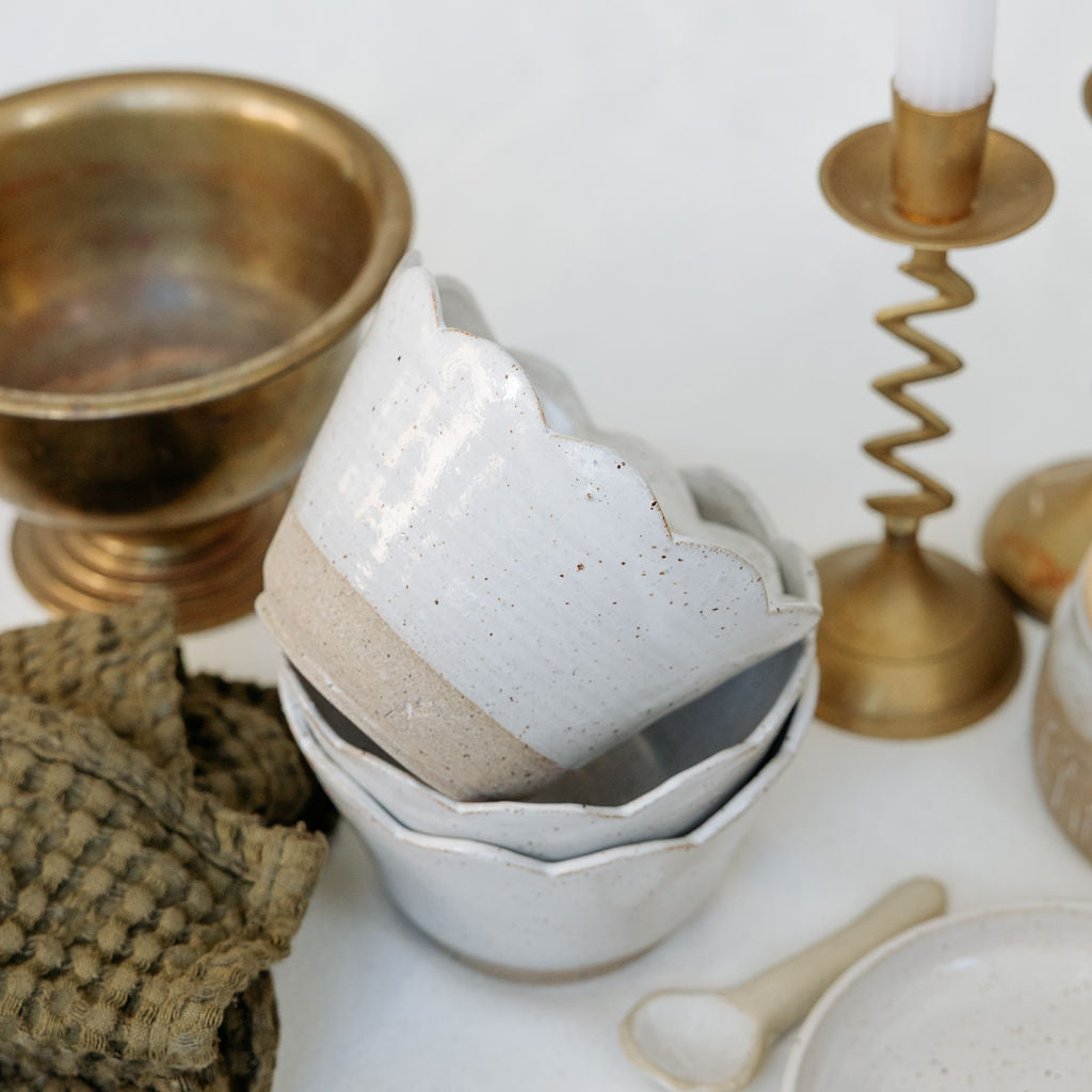 Scalloped Brown and White Pottery Bowl - Soup Bowl - Carved Ceramic Cereal Bowl