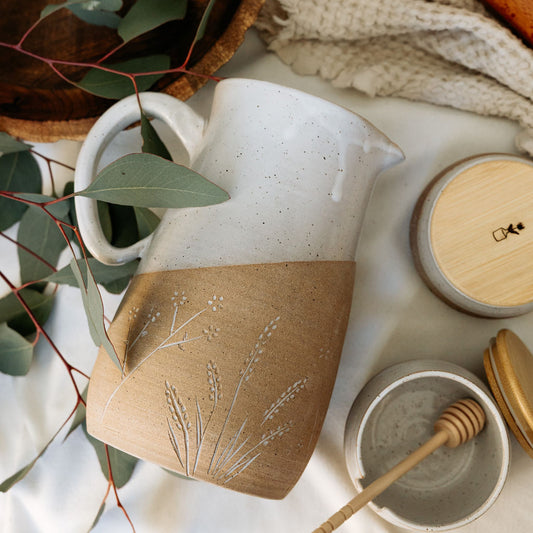 Carved Wildflower Pottery Pitcher | Ceramic Water Pitcher | Pitcher Vase | Ceramics Handmade | Tableware | Ceramics | Drinkware | Homeware | Pottery Pitcher