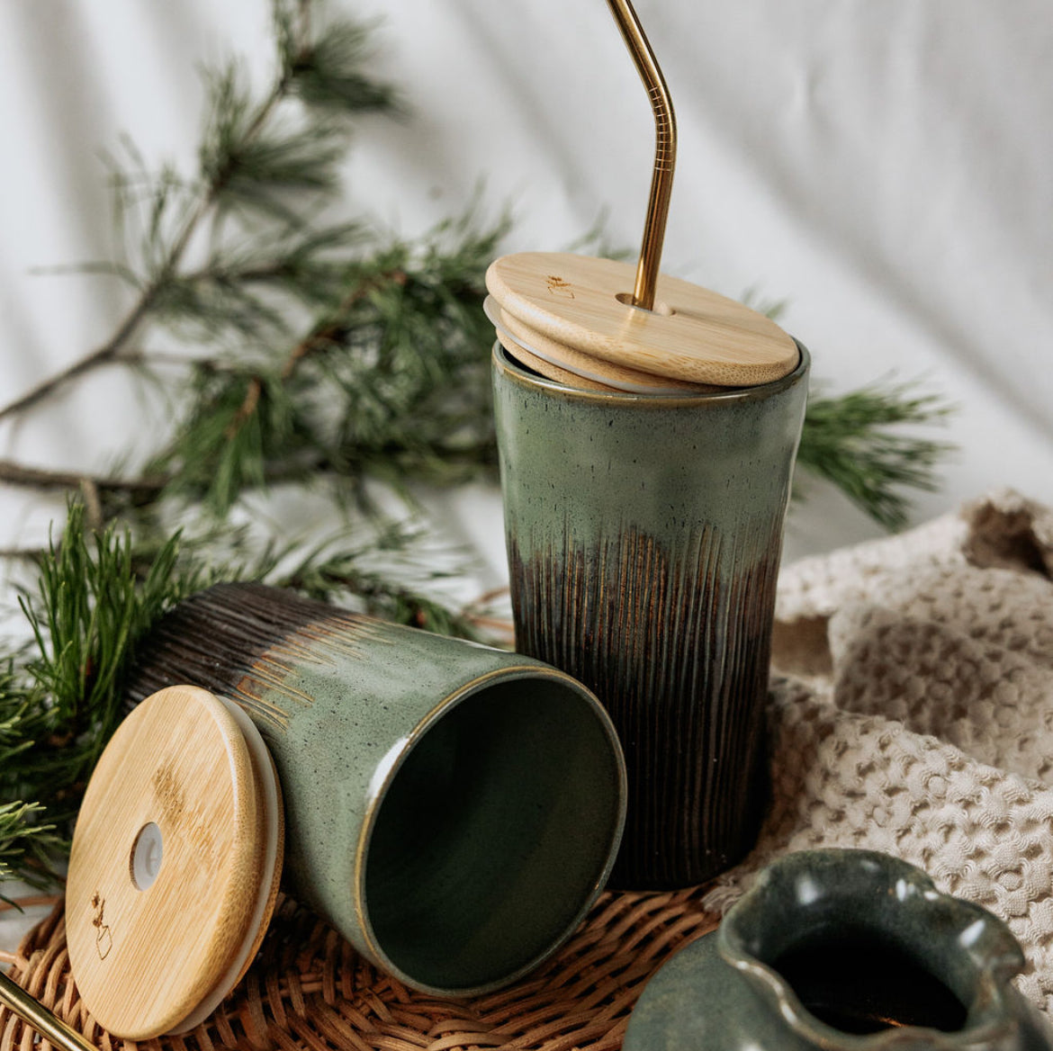 Iced Coffee To Go Cup - Product of Canada - Green Carved Pottery Mug Design Lidded