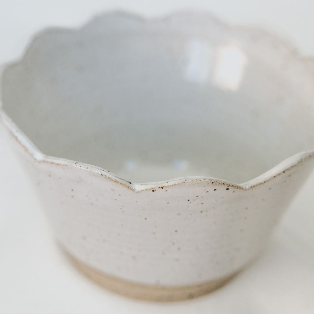 Scalloped Brown and White Pottery Bowl - Soup Bowl - Carved Ceramic Cereal Bowl