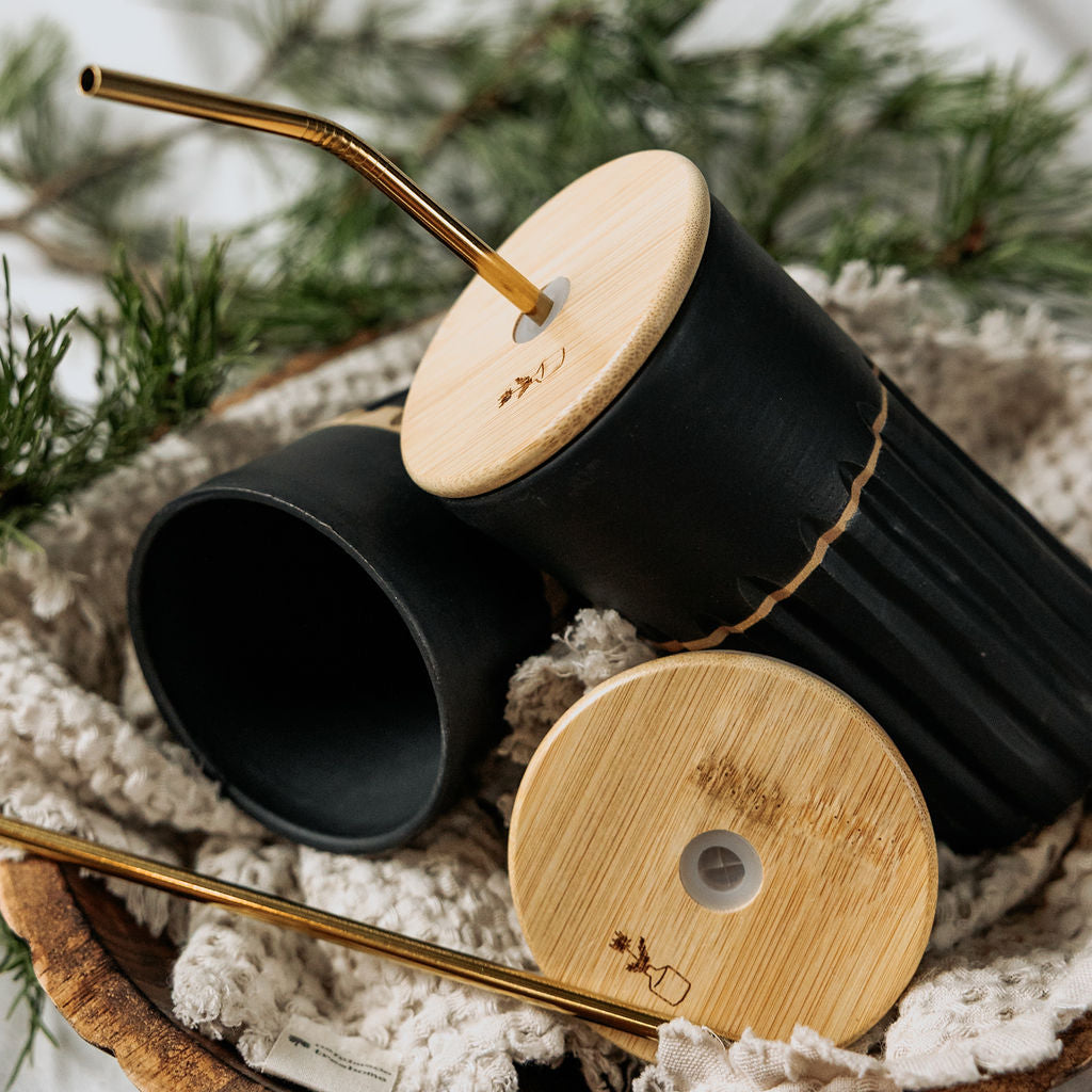 Iced Coffee To Go Cup - Product of Canada - Black Carved Pottery Mug Design Lidded