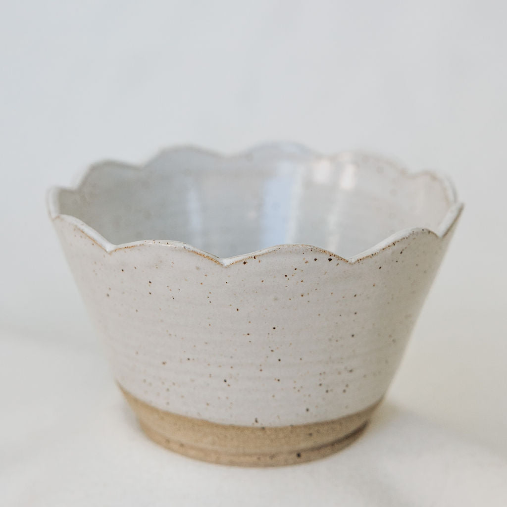 Scalloped Brown and White Pottery Bowl - Soup Bowl - Carved Ceramic Cereal Bowl
