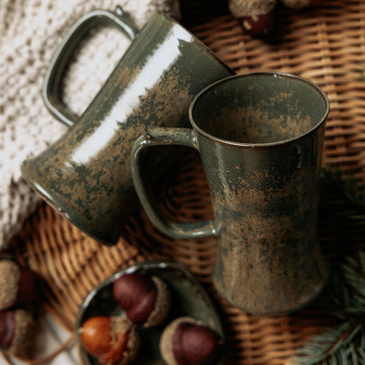Green Glazed Pottery, Green Cups, Mugs Green, Tall and Narrow Green Mug