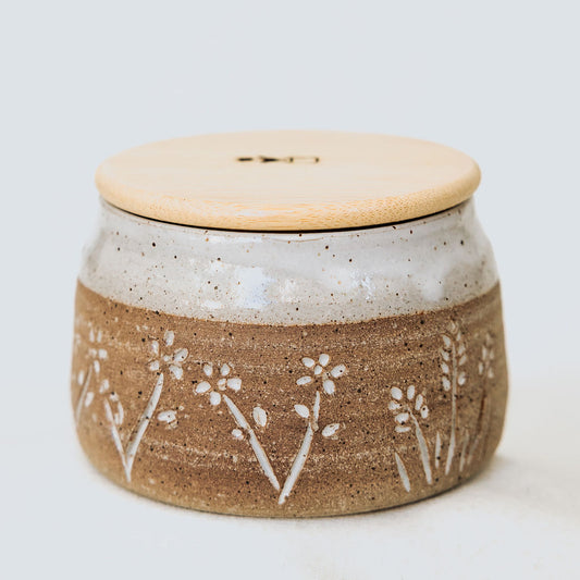 Pottery Sugar Dish - Ceramic Trinket Bowl - Carved Wildflower Dish with Lid in Glossy White