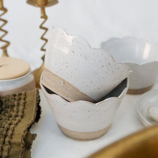 Scalloped Brown and White Pottery Bowl - Soup Bowl - Carved Ceramic Cereal Bowl