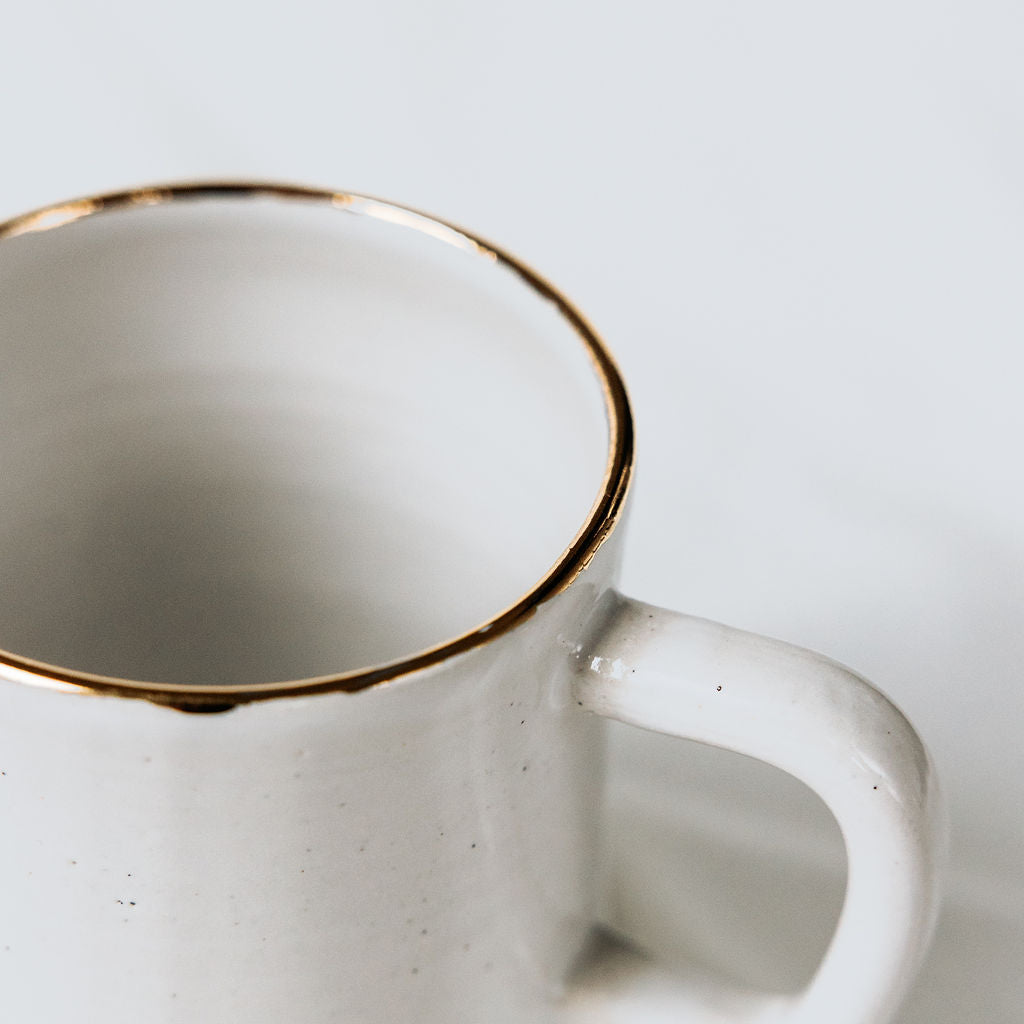 White and Gold Tea Cup, White Ceramic Cup, White Tea Mug, White Mug with Gold Rim