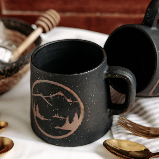 Rustic Matte Black Mountain Mug - Ceramic Mug- Handmade - Wheel thrown - Mountains