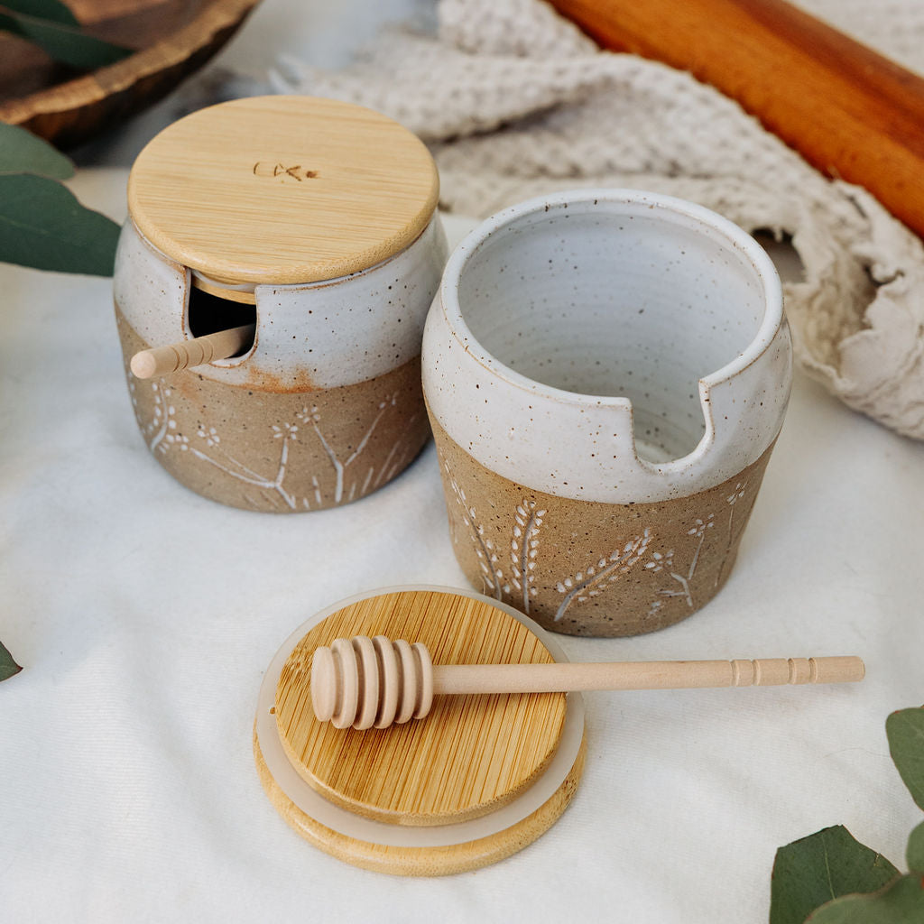 Pottery Honey Pot - Carved Wildflower Collection
