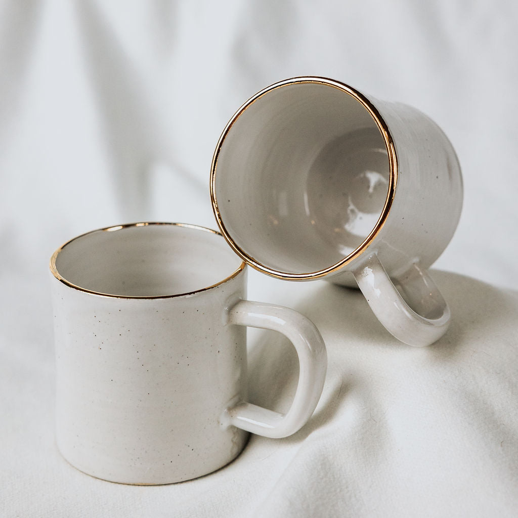 White and Gold Tea Cup, White Ceramic Cup, White Tea Mug, White Mug with Gold Rim