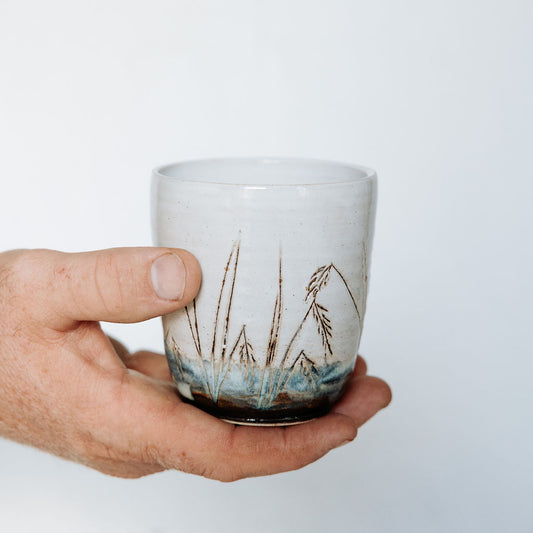 Pottery Cup, Ceramic Water Cup, Carved Wild Rice Cup, Handless Mug