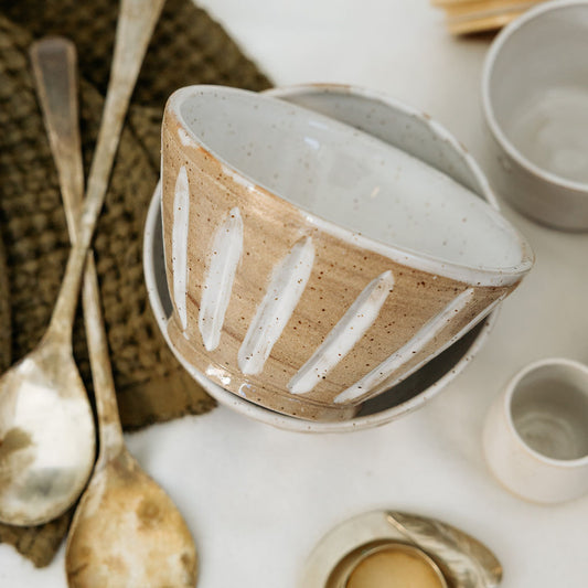 Pottery Bowl - Soup Bowl - Carved Ceramic Cereal Bowl in Brown and White