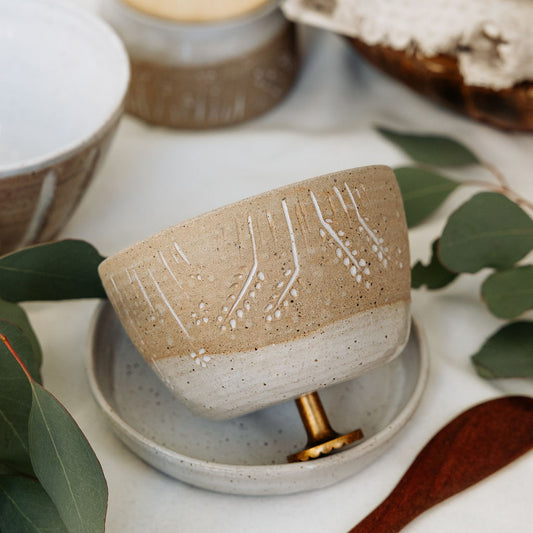 Pottery Butter Dish with Drawer Pull Knob - Carved Wildflower Collection