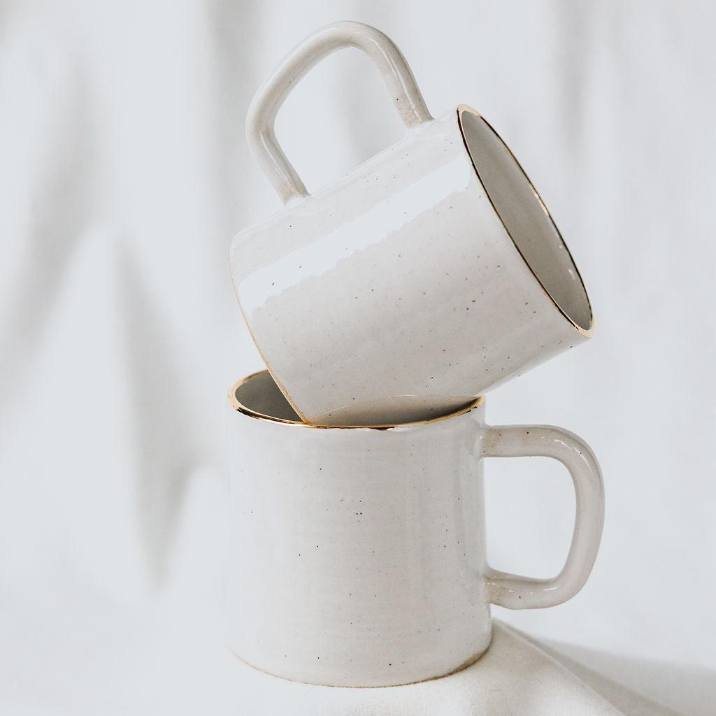 White and Gold Tea Cup, White Ceramic Cup, White Tea Mug, White Mug with Gold Rim