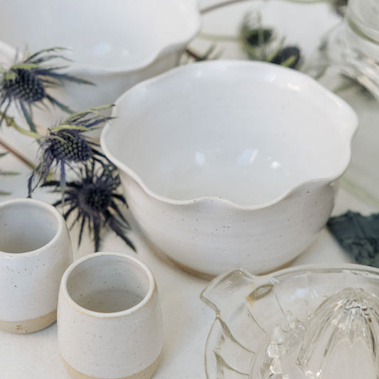 Fluted Rim Glossy White Pottery Bowl - Soup Bowl - Carved Ceramic Cereal Bowl