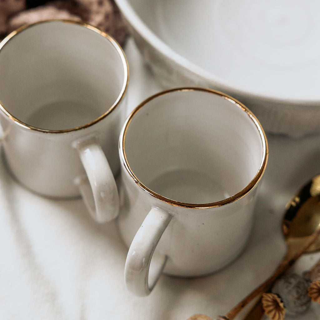 White and Gold Tea Cup, White Ceramic Cup, White Tea Mug, White Mug with Gold Rim