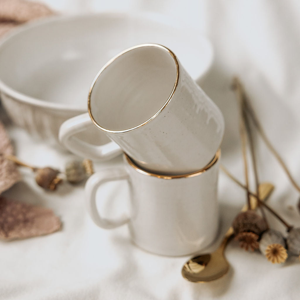 White and Gold Tea Cup, White Ceramic Cup, White Tea Mug, White Mug with Gold Rim
