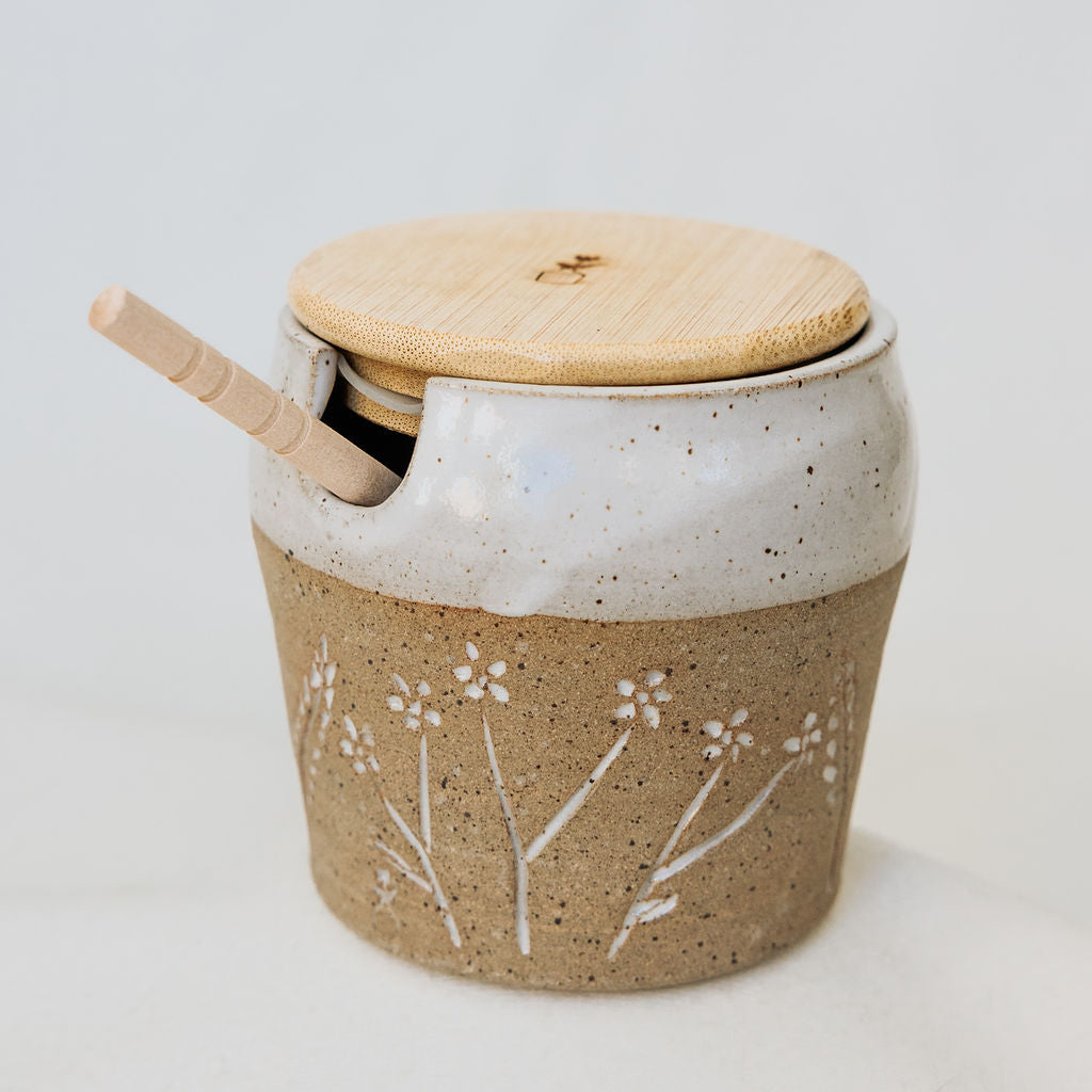 Pottery Honey Pot - Carved Wildflower Collection
